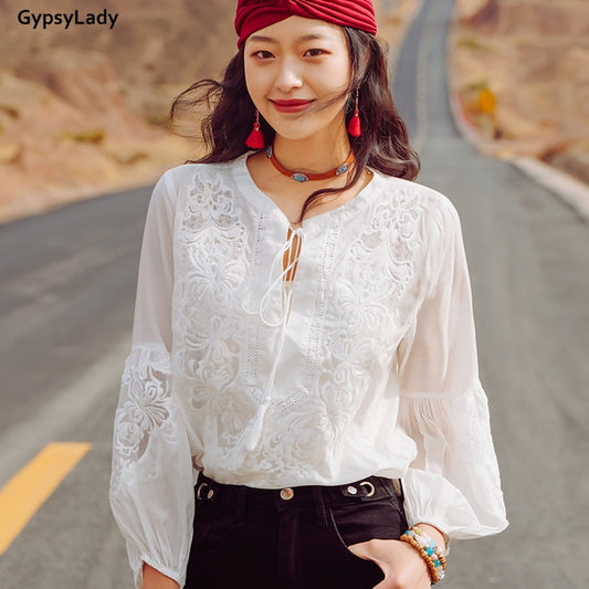 White Embroidered Blouse with Lantern Sleeves
