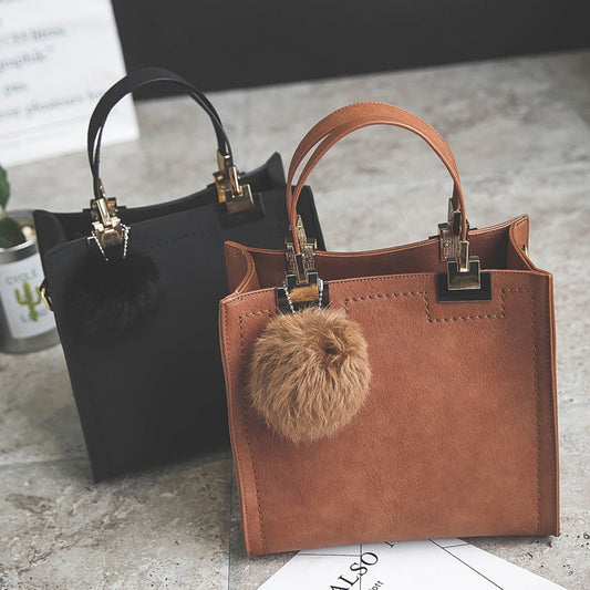 Casual Faux Suede Tote Bag with Faux Fur Ball