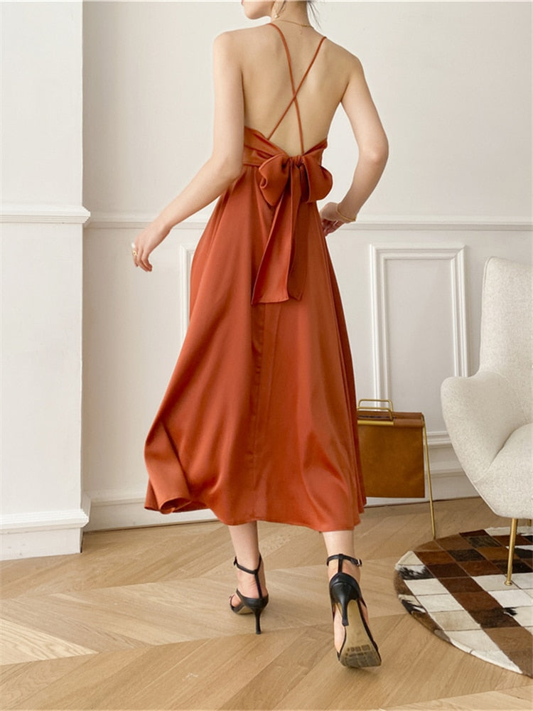 Backless Satin Lace Up Sun Dess with Back Bow