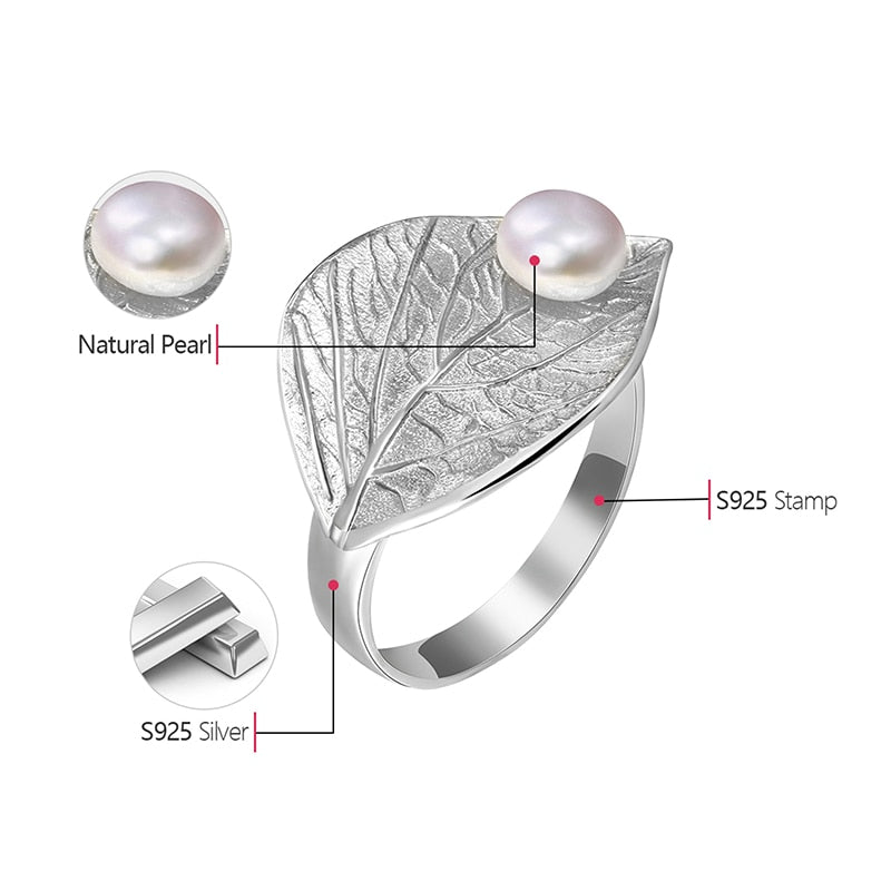 Handmade 925 Sterling Silver Natural Pearl Open Leaf Ring