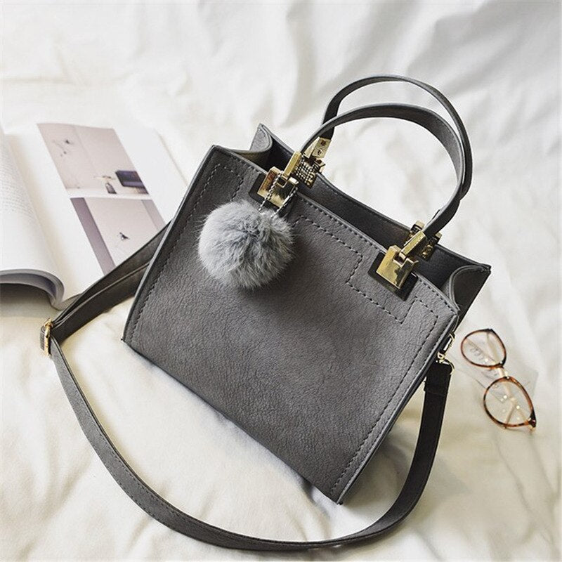 Casual Faux Suede Tote Bag with Faux Fur Ball