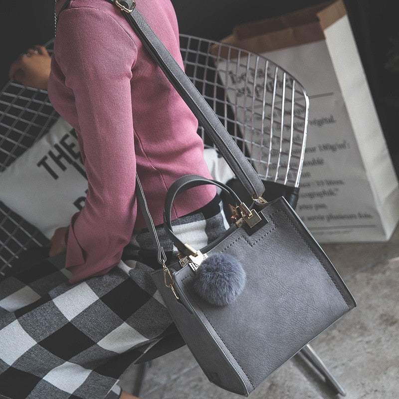 Casual Faux Suede Tote Bag with Faux Fur Ball