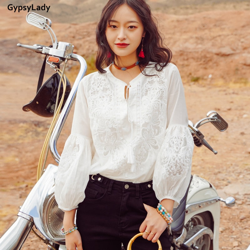 White Embroidered Blouse with Lantern Sleeves