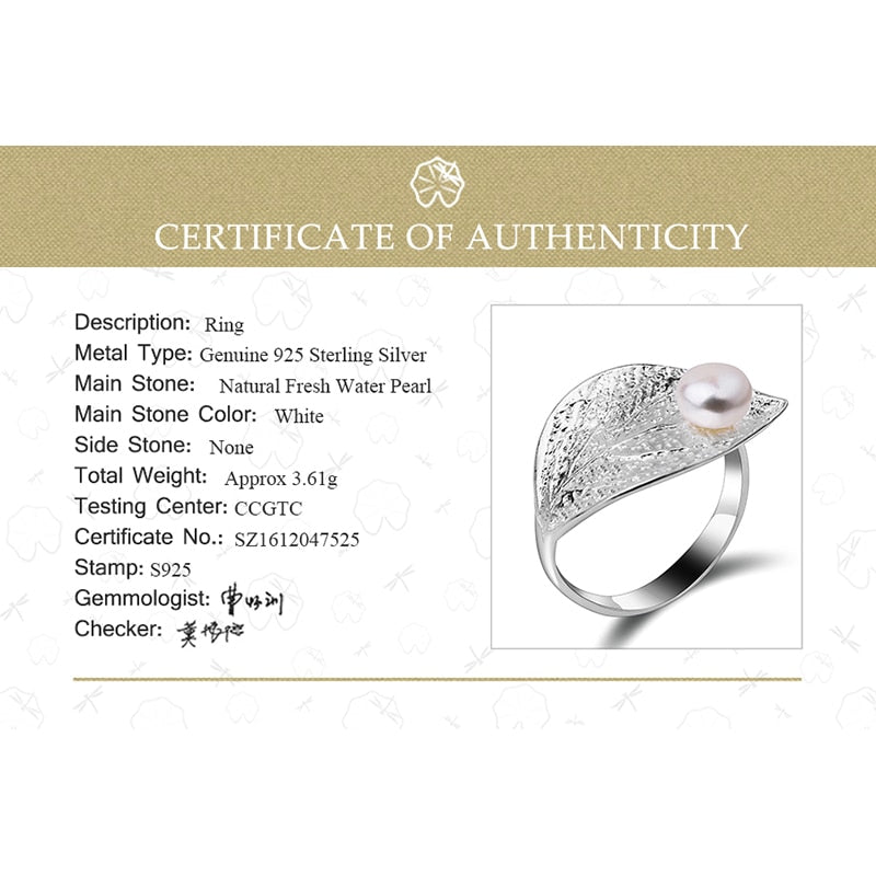 Handmade 925 Sterling Silver Natural Pearl Open Leaf Ring