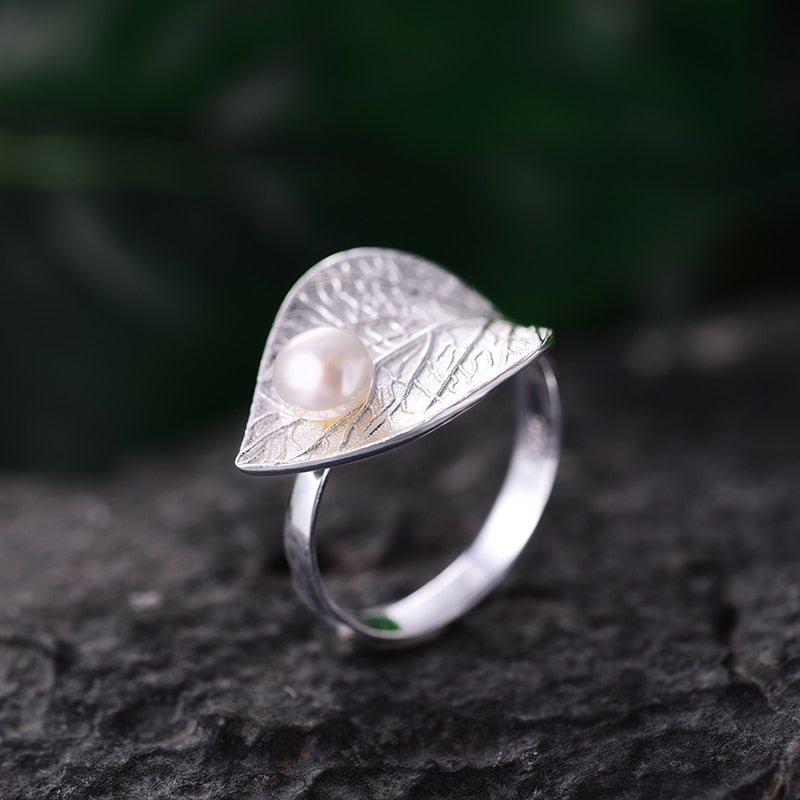 Handmade 925 Sterling Silver Natural Pearl Open Leaf Ring
