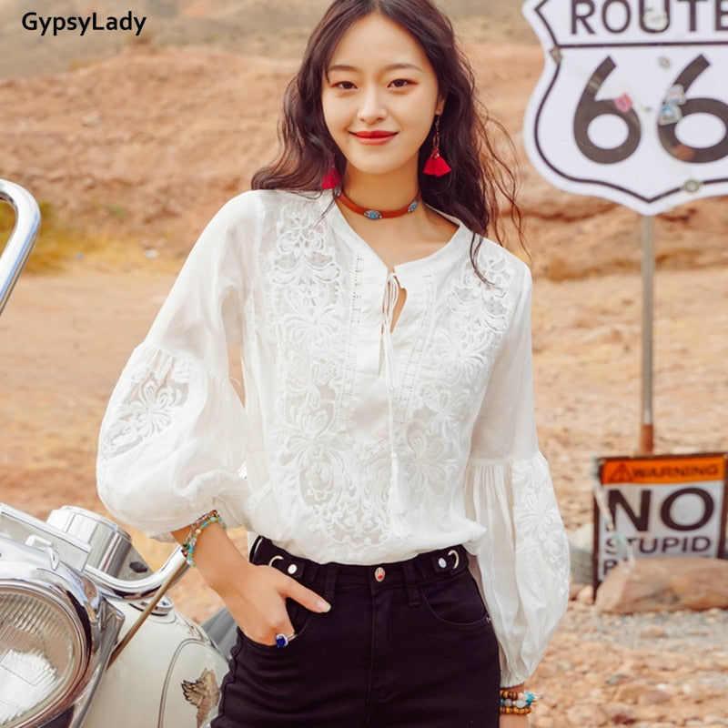 White Embroidered Blouse with Lantern Sleeves