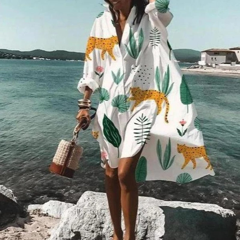 Casual Long Sleeve Shirt Style Beach Dress