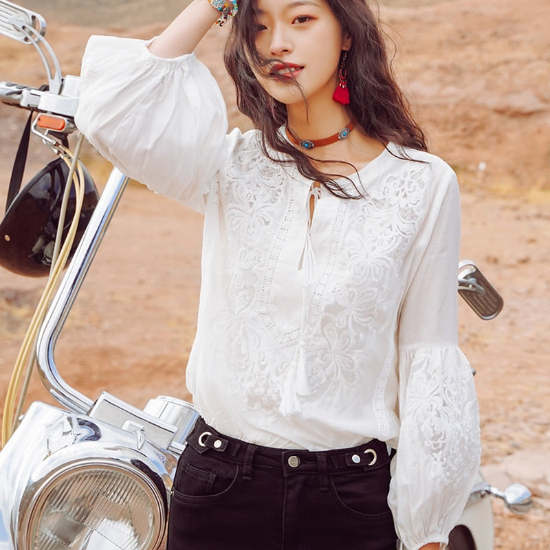 White Embroidered Blouse with Lantern Sleeves