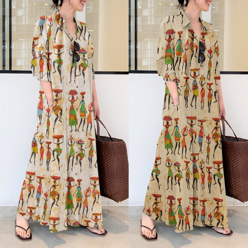 Elegant Printed Shirt Style Sundress