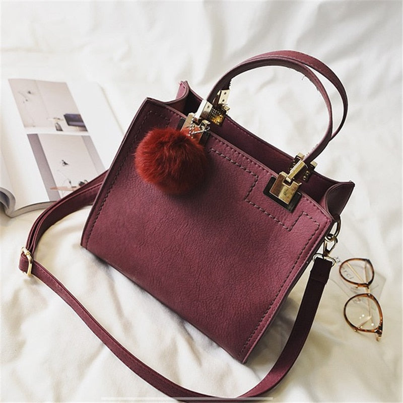 Casual Faux Suede Tote Bag with Faux Fur Ball