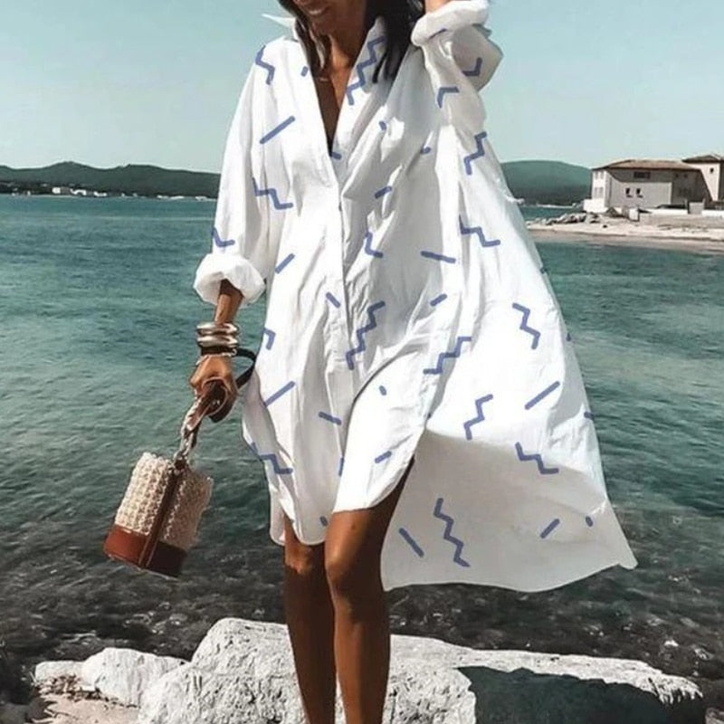 Casual Long Sleeve Shirt Style Beach Dress