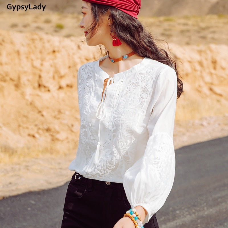 White Embroidered Blouse with Lantern Sleeves