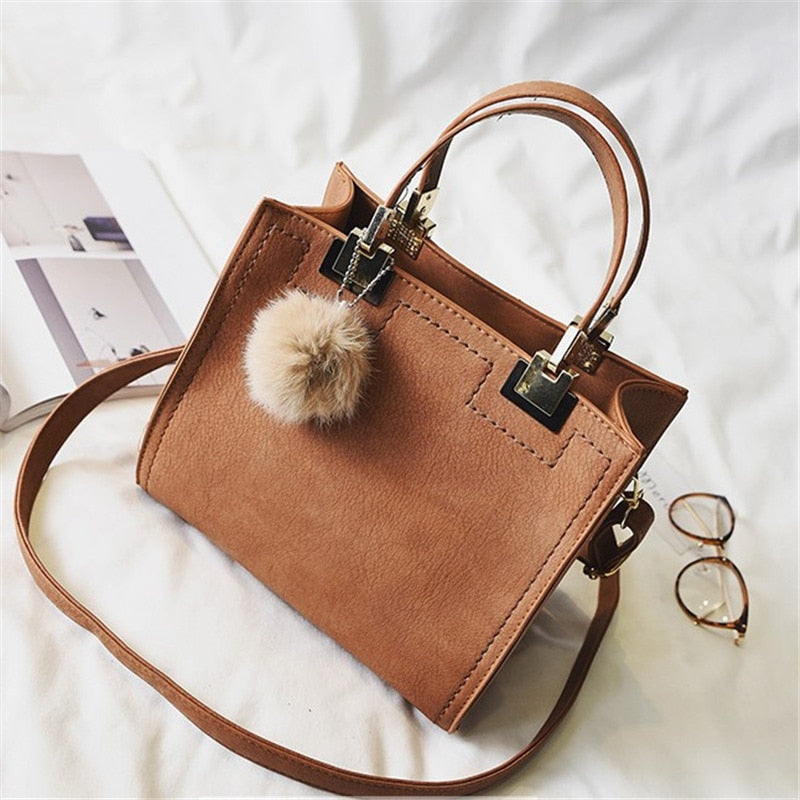 Casual Faux Suede Tote Bag with Faux Fur Ball