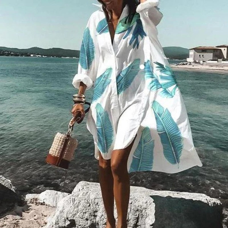 Casual Long Sleeve Shirt Style Beach Dress