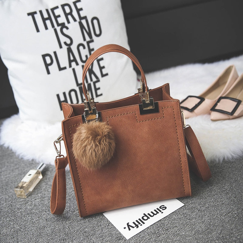 Casual Faux Suede Tote Bag with Faux Fur Ball