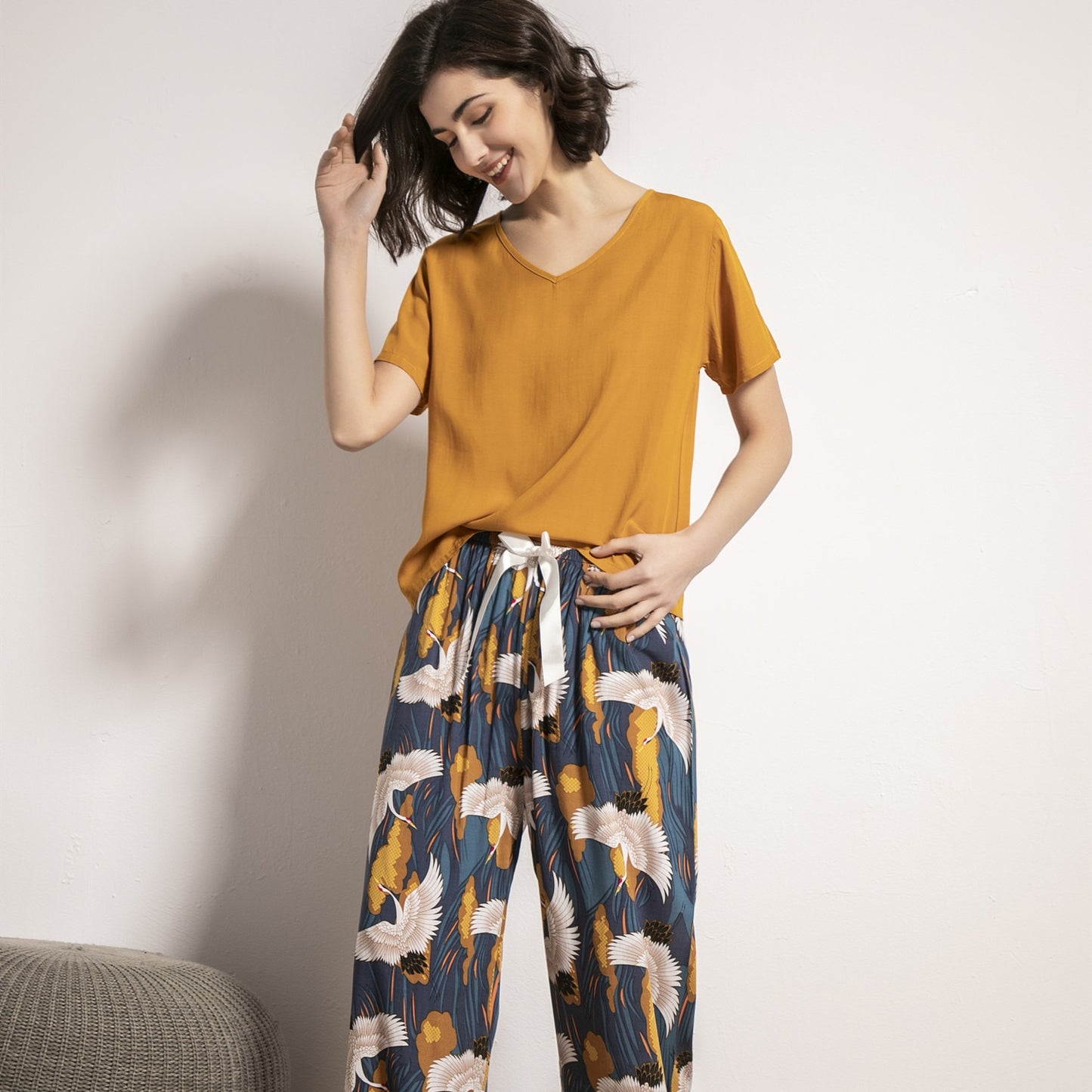 Big Leaf Printed V-Neck Loose Pajamas