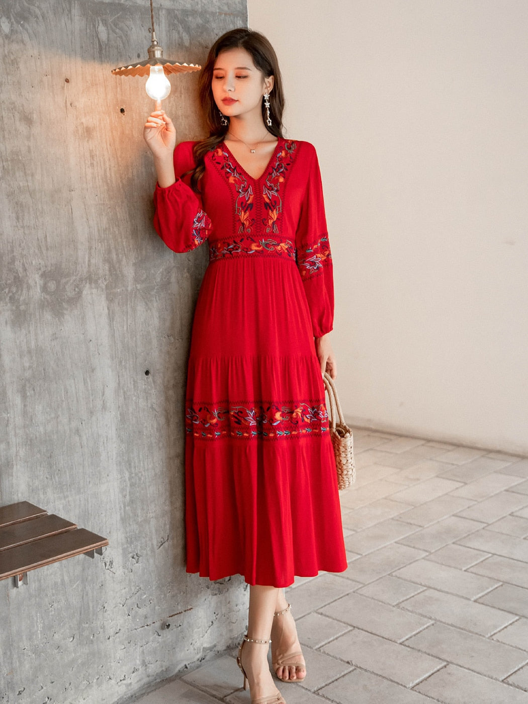 Elegant Embroidered V-neck Ruffle Dress