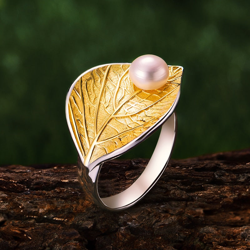Handmade 925 Sterling Silver Natural Pearl Open Leaf Ring