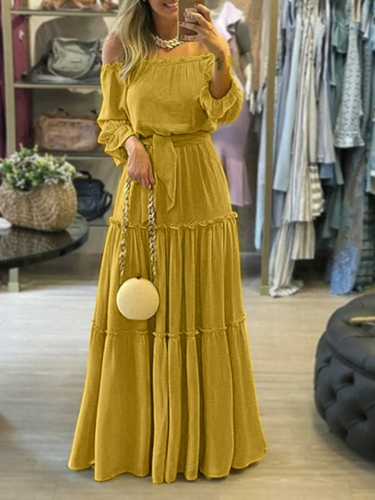 Off Shoulder Belted Beach Maxi Dress