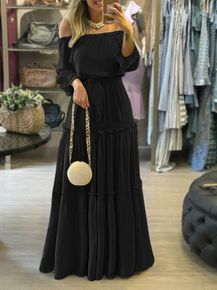 Off Shoulder Belted Beach Maxi Dress