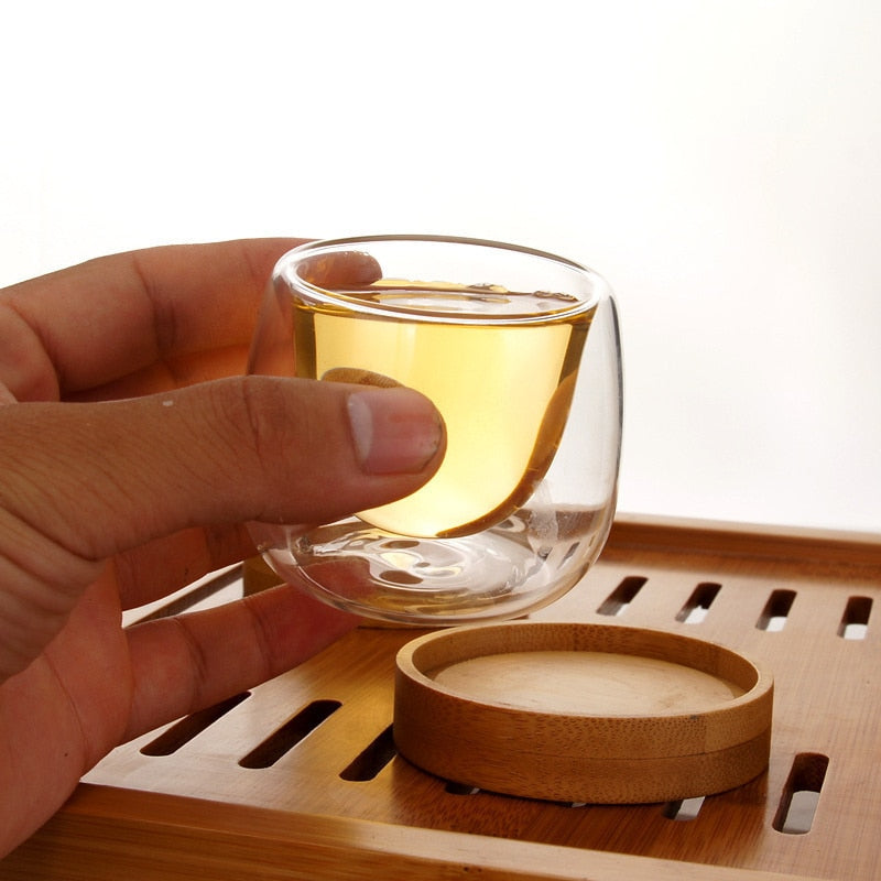 Double Walled Glass Teacups Cups and Bamboo Saucers (Six Pieces Total)