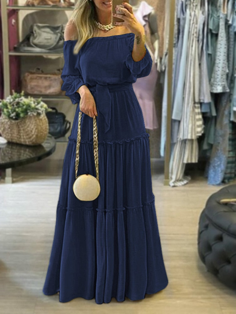 Off Shoulder Belted Beach Maxi Dress