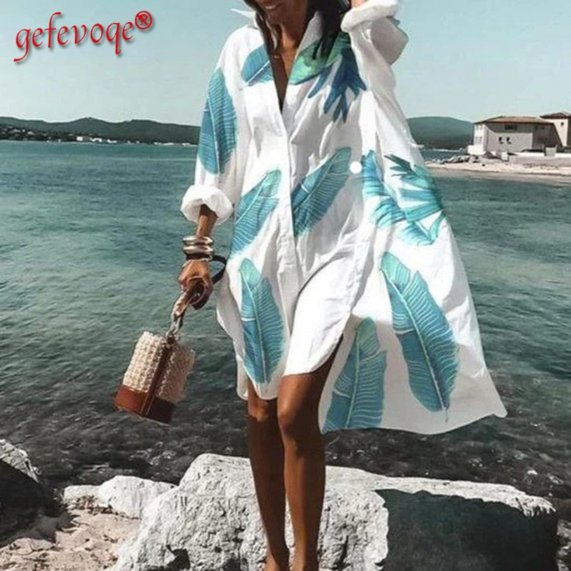 Casual Long Sleeve Shirt Style Beach Dress