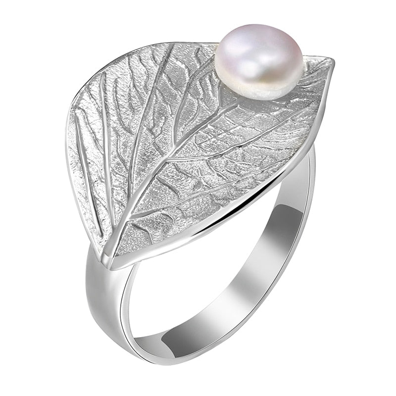 Handmade 925 Sterling Silver Natural Pearl Open Leaf Ring