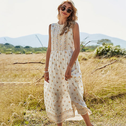 Floral Print O-Neck Boho Long Dress